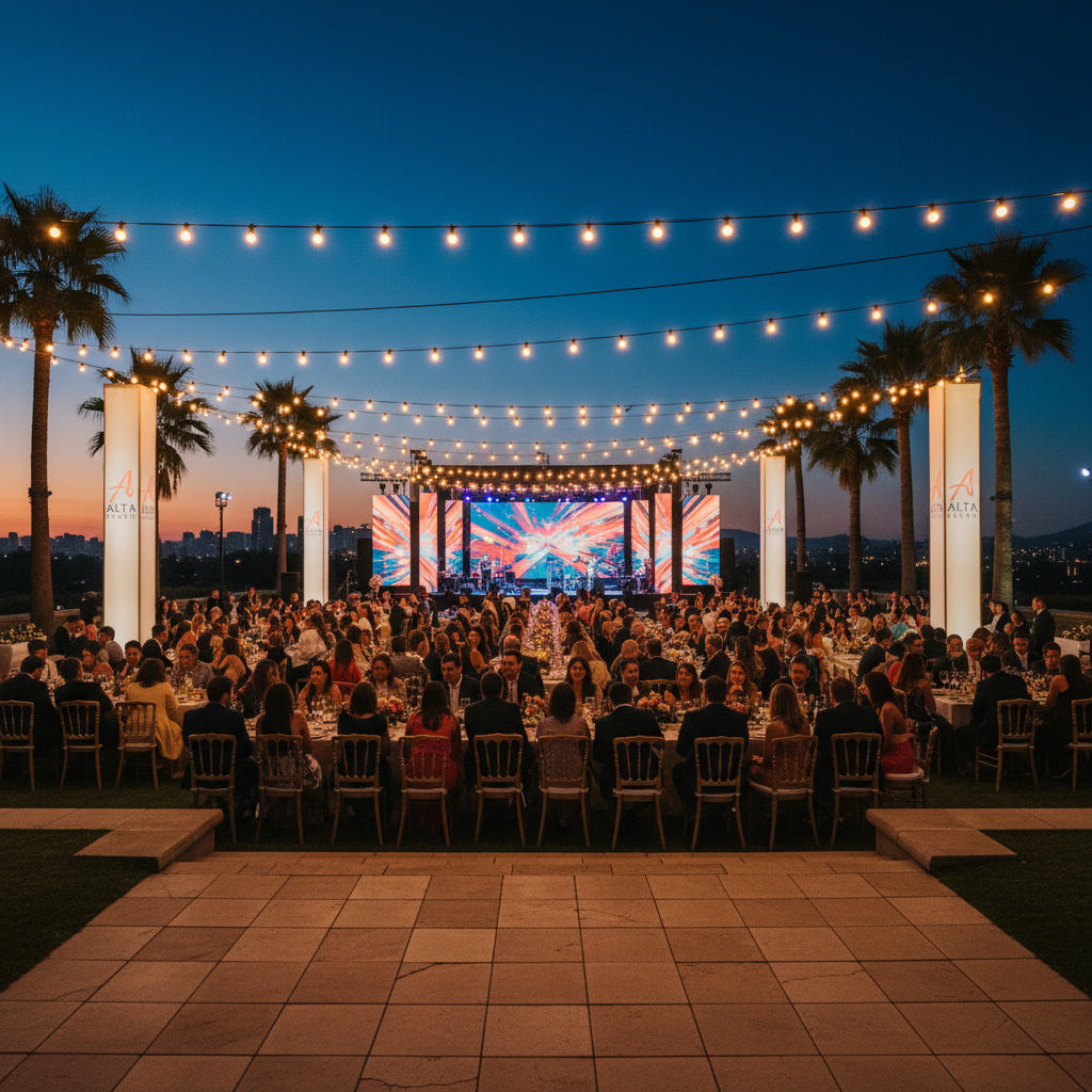 Fiesta de fin de año corporativa con decoración creativa y luces festivas